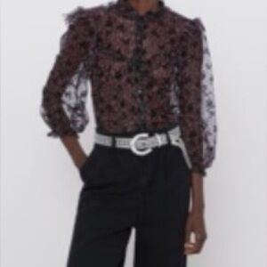 Zara Black Sheer Blouse with Pink Floral Print